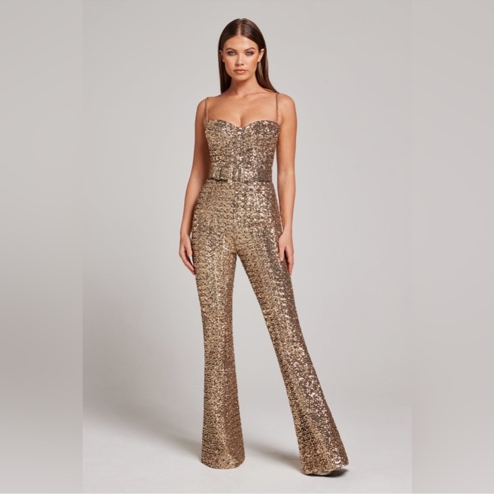 NWT! Nadine Merabi Gold Lucinda Jumpsuit size S/M